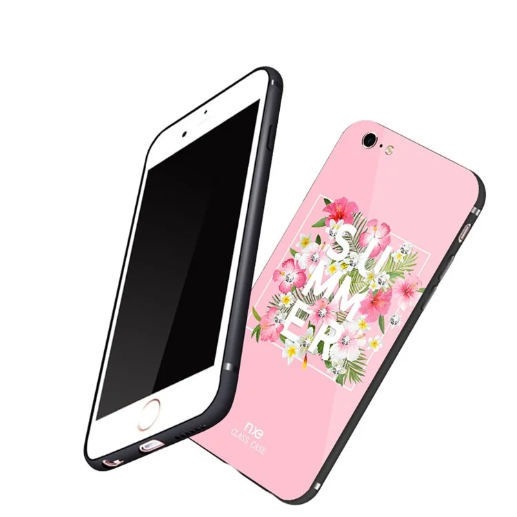 NXE Rhinestone Decor Pattern Printing Glass Case TPU + PC Hybrid Case for iPhone 6s / 6 - Summer Flowers / Rose