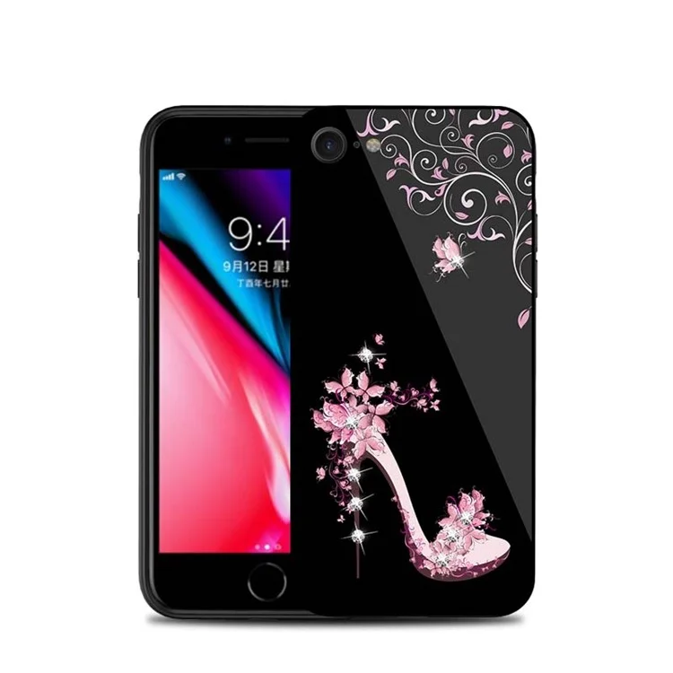 NXE for iPhone 8 / 7 Rhinestone Decor High-heel Shoe Patterned TPU + PC + Glass Cover - Pink