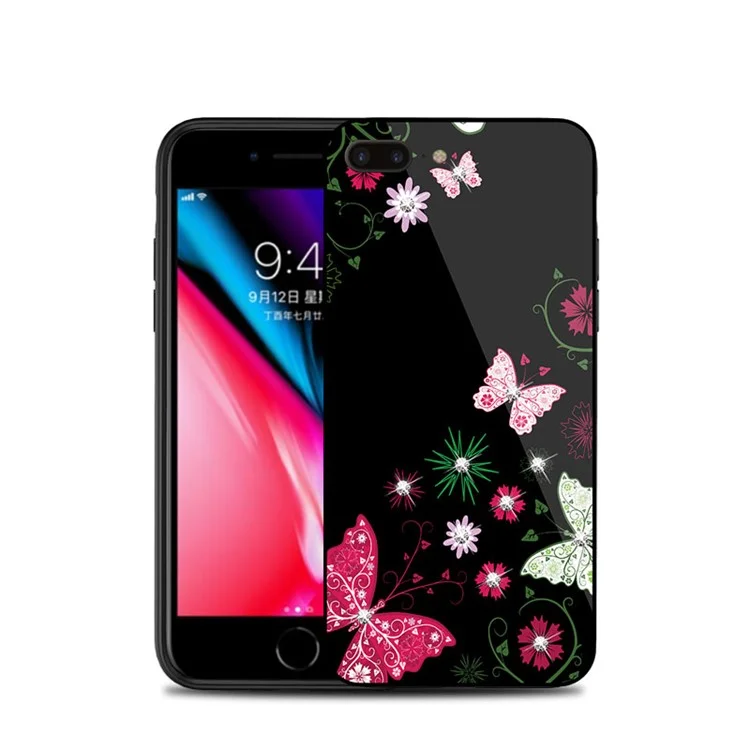 NXE Rhinestone Decor Patterned TPU + PC + Glass Case for iPhone 8 Plus / 7 Plus - Pretty Butterflies and Flowers