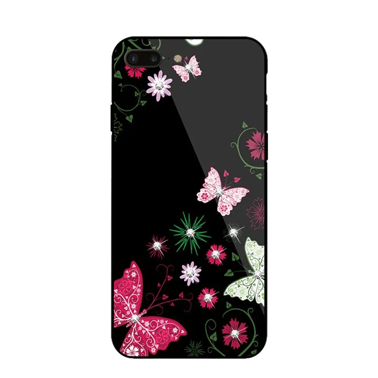 NXE Rhinestone Decor Patterned TPU + PC + Glass Case for iPhone 8 Plus / 7 Plus - Pretty Butterflies and Flowers