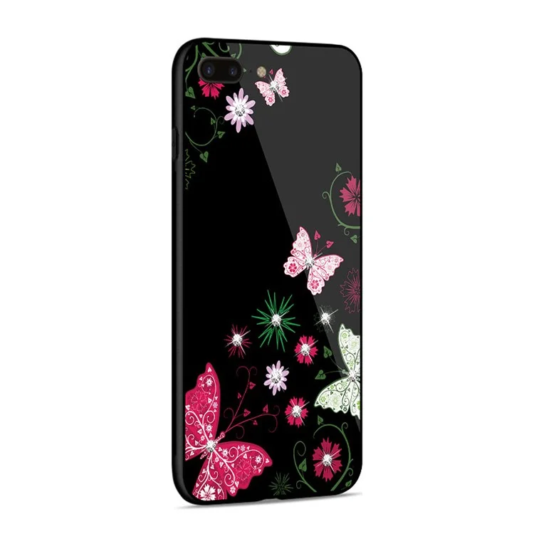NXE Rhinestone Decor Patterned TPU + PC + Glass Case for iPhone 8 Plus / 7 Plus - Pretty Butterflies and Flowers