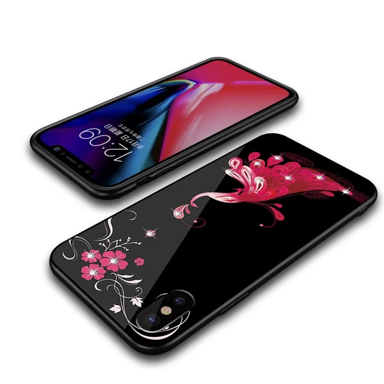NXE Rhinestone Decor Phoenix Flower Patterned TPU + PC + Glass Hybrid Case for iPhone X(Ten) 5.8 inch - Gold