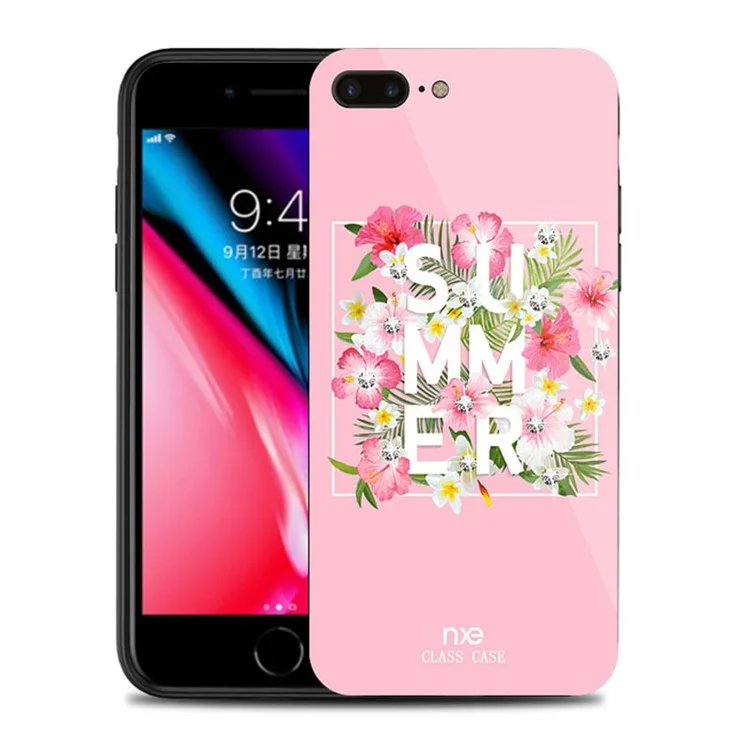 NXE Rhinestone Decor Pattern Printing Glass Case TPU + PC Back Case for iPhone 8 Plus/7 Plus 5.5 inch - Summer Flower/Rose