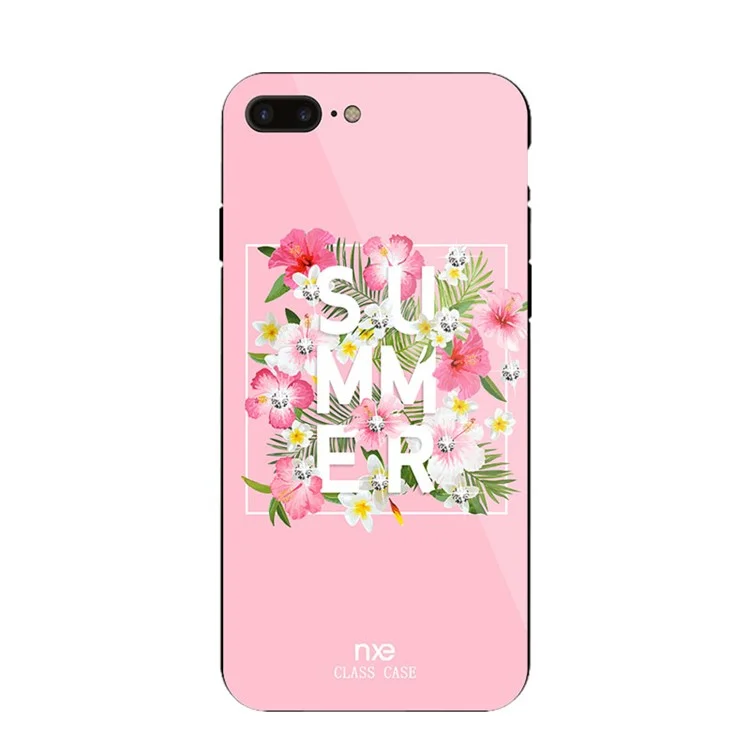 NXE Rhinestone Decor Pattern Printing Glass Case TPU + PC Back Case for iPhone 8 Plus/7 Plus 5.5 inch - Summer Flower/Rose
