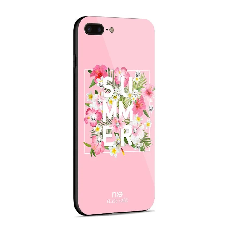 NXE Rhinestone Decor Pattern Printing Glass Case TPU + PC Back Case for iPhone 8 Plus/7 Plus 5.5 inch - Summer Flower/Rose