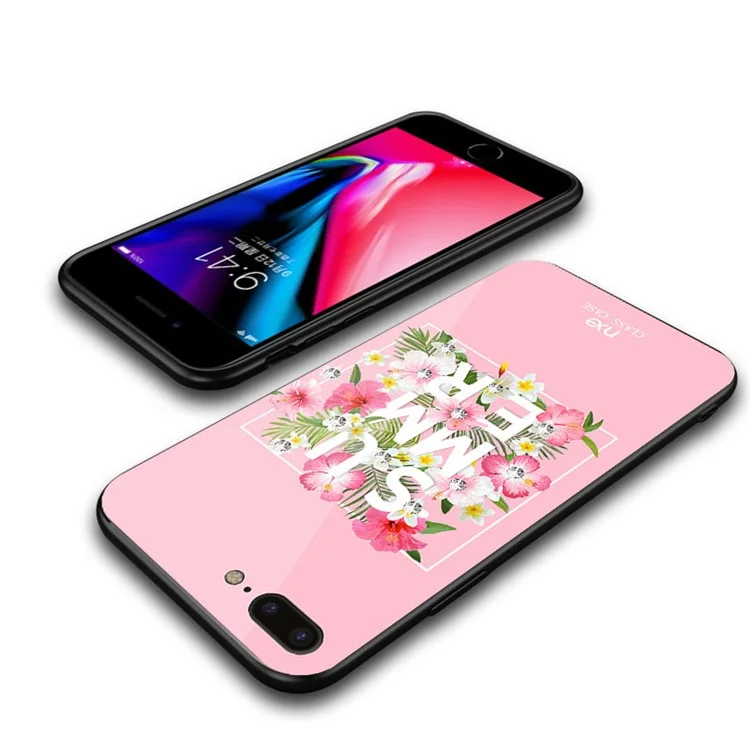 NXE Rhinestone Decor Pattern Printing Glass Case TPU + PC Back Case for iPhone 8 Plus/7 Plus 5.5 inch - Summer Flower/Rose