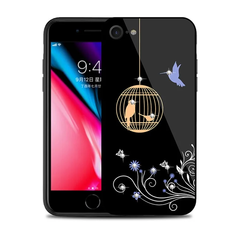 NXE Rhinestone Birds and Flowers TPU + PC + 9H Glass Hybrid Cover for iPhone 8/7 4.7 inch - Orange