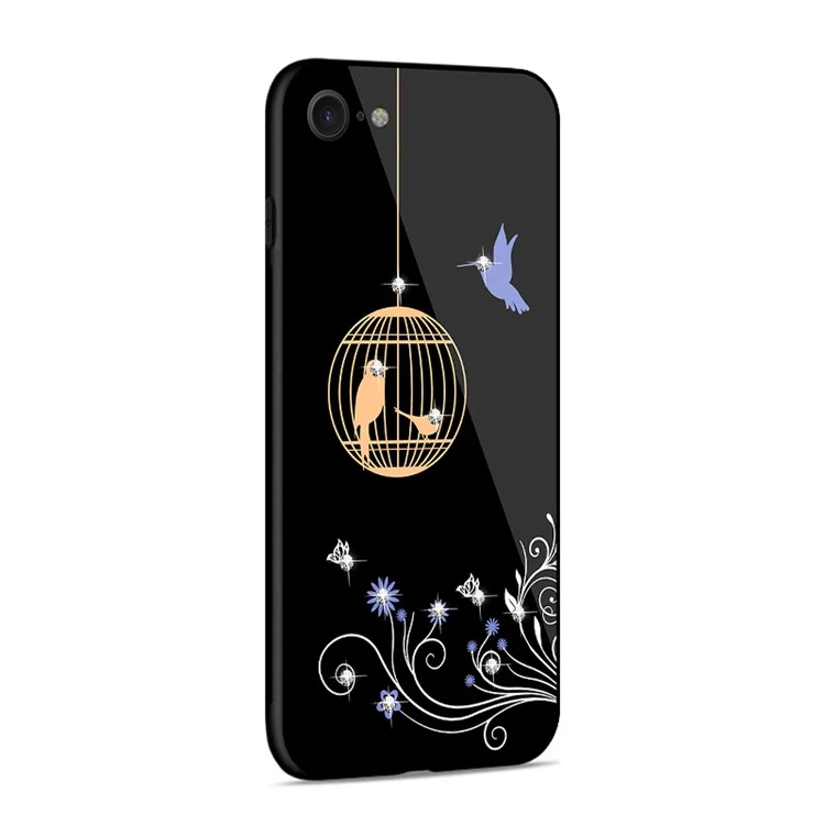 NXE Rhinestone Birds and Flowers TPU + PC + 9H Glass Hybrid Cover for iPhone 8/7 4.7 inch - Orange