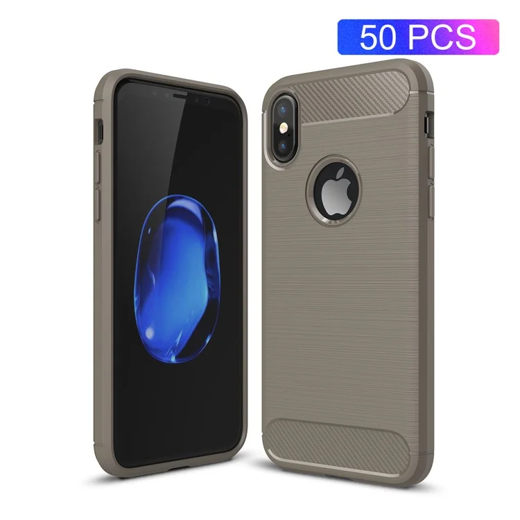 50Pcs/Set Carbon Fiber Texture Brushed TPU Shell Case for iPhone X(Ten) 5.8 inch - Grey
