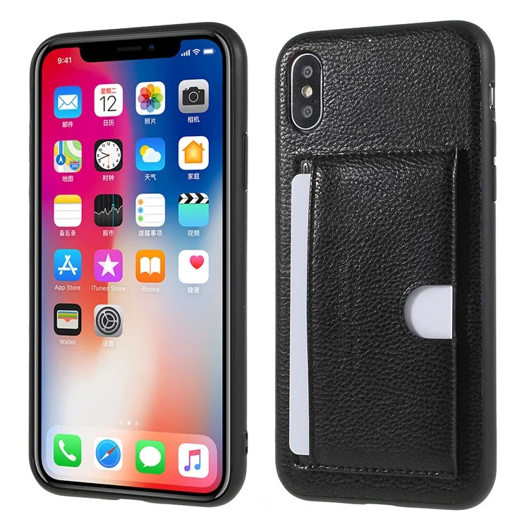 PU Leather Coated TPU Kickstand Card Holder Case for iPhone X - Black