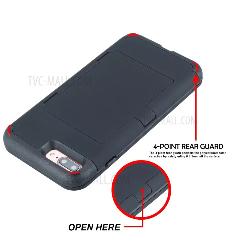 Shockproof PC+TPU Card Holder Case with Mirror for iPhone 8 Plus/7 Plus - Black