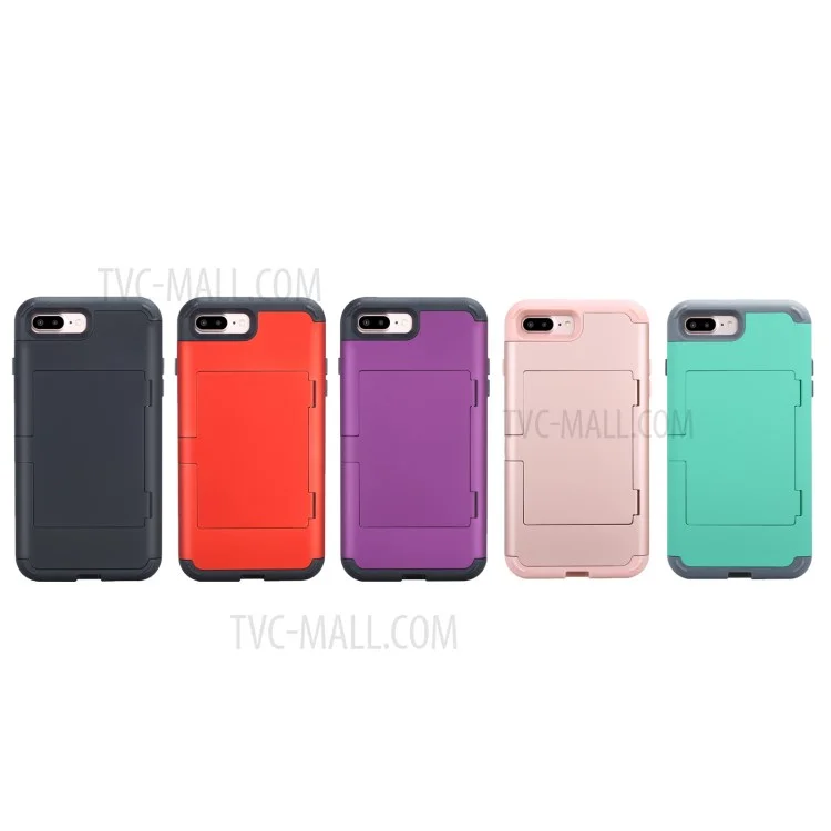 Shockproof PC+TPU Card Holder Case with Mirror for iPhone 8 Plus/7 Plus - Black