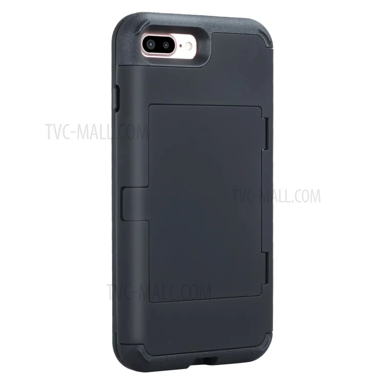 Shockproof PC+TPU Card Holder Case with Mirror for iPhone 8 Plus/7 Plus - Black