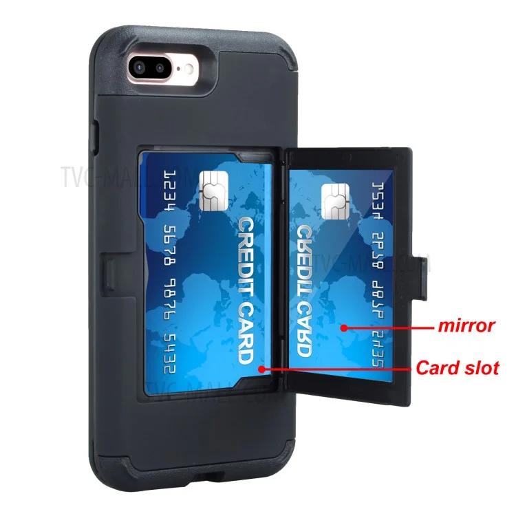 Shockproof PC+TPU Card Holder Case with Mirror for iPhone 8 Plus/7 Plus - Black