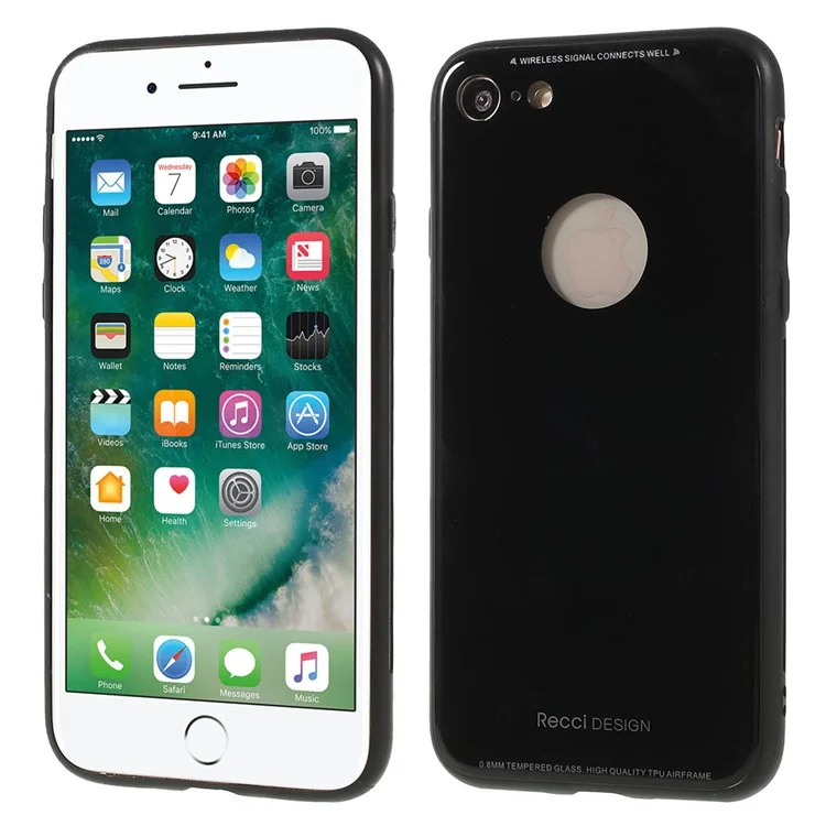 RECCI Anti-scratch 9H Tempered Glass + PC + TPU Hybrid Back Case for iPhone 8 4.7 inch - Black