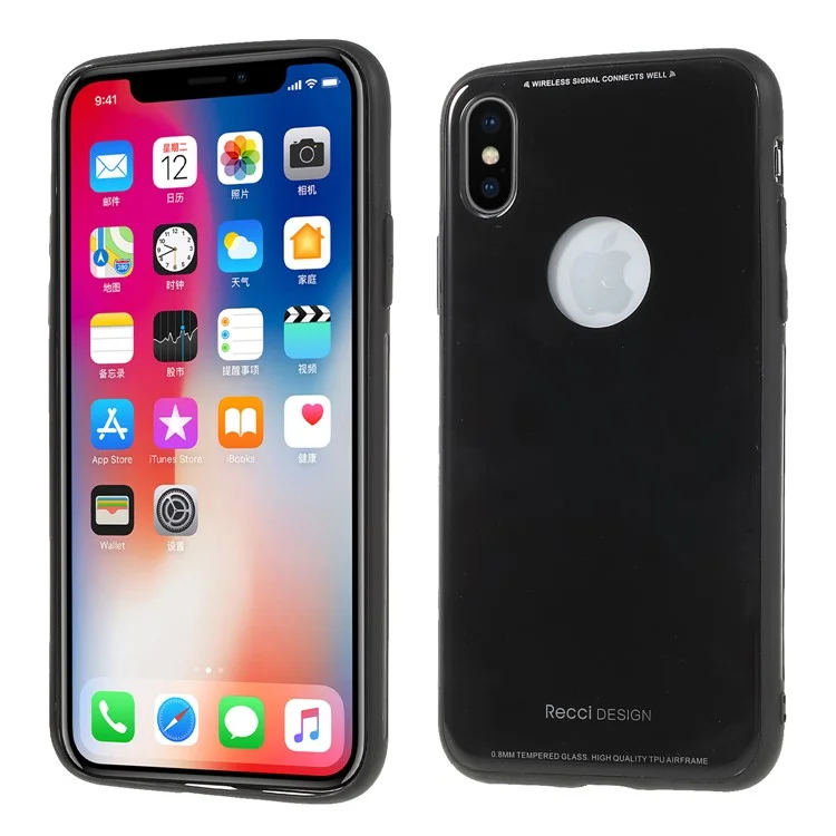 RECCI 9H Tempered Glass Case for iPhone X Anti-scratch Hybrid Mobile Phone Cover - Black