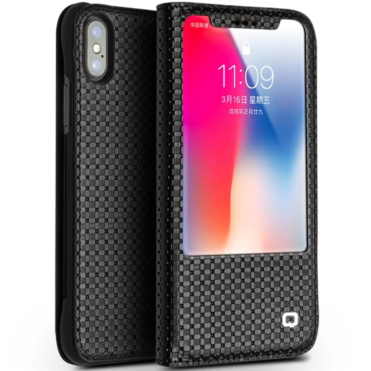 QIALINO for iPhone X Business View Window Textured Genuine Leather Stand Case - Grid Texture / Black