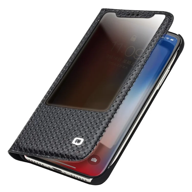 QIALINO for iPhone X Business View Window Textured Genuine Leather Stand Case - Grid Texture / Black