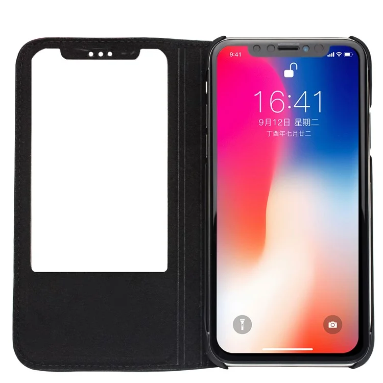 QIALINO for iPhone X Business View Window Textured Genuine Leather Stand Case - Grid Texture / Black