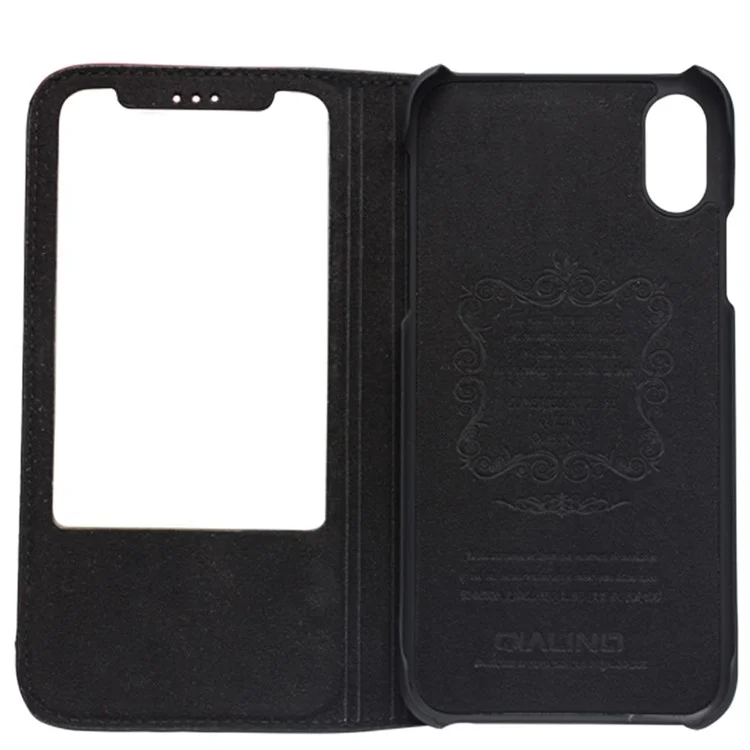 QIALINO for iPhone X Business View Window Textured Genuine Leather Stand Case - Grid Texture / Black