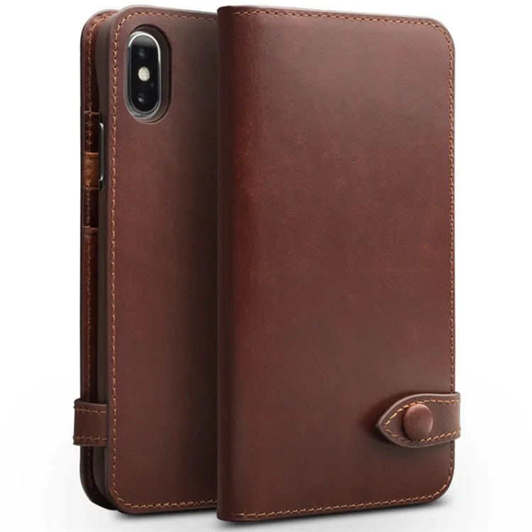 QIALINO Crazy Horse Texture Cowhide Leather Wallet Smart Phone Case for iPhone X / Xs - Brown