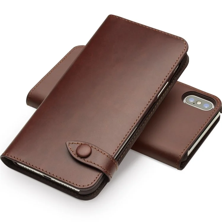 QIALINO Crazy Horse Texture Cowhide Leather Wallet Smart Phone Case for iPhone X / Xs - Brown