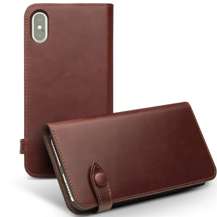 QIALINO Crazy Horse Texture Cowhide Leather Wallet Smart Phone Case for iPhone X / Xs - Brown