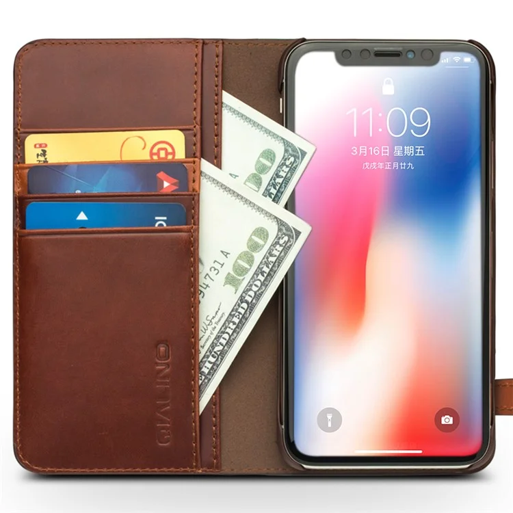 QIALINO Crazy Horse Texture Cowhide Leather Wallet Smart Phone Case for iPhone X / Xs - Brown