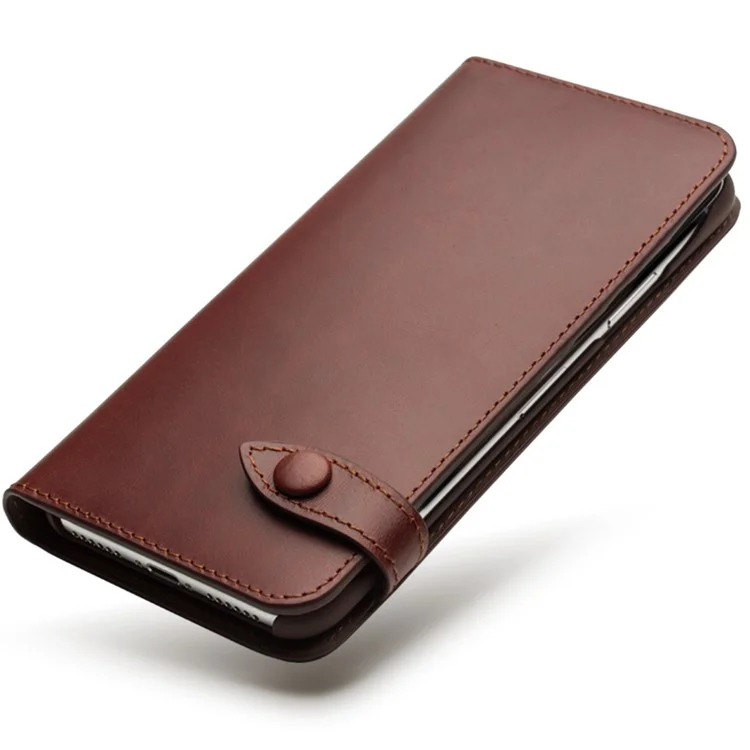 QIALINO Crazy Horse Texture Cowhide Leather Wallet Smart Phone Case for iPhone X / Xs - Brown