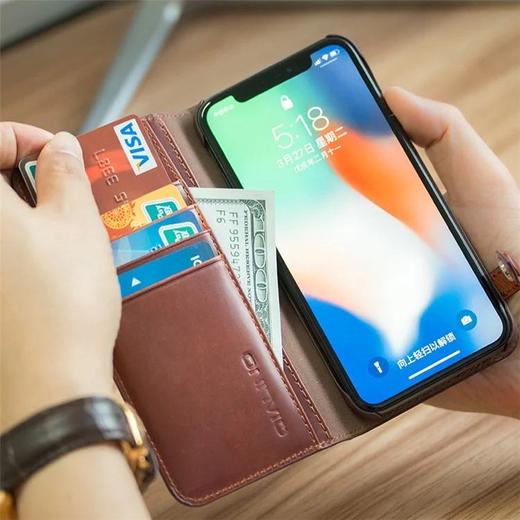 QIALINO Crazy Horse Texture Cowhide Leather Wallet Smart Phone Case for iPhone X / Xs - Brown