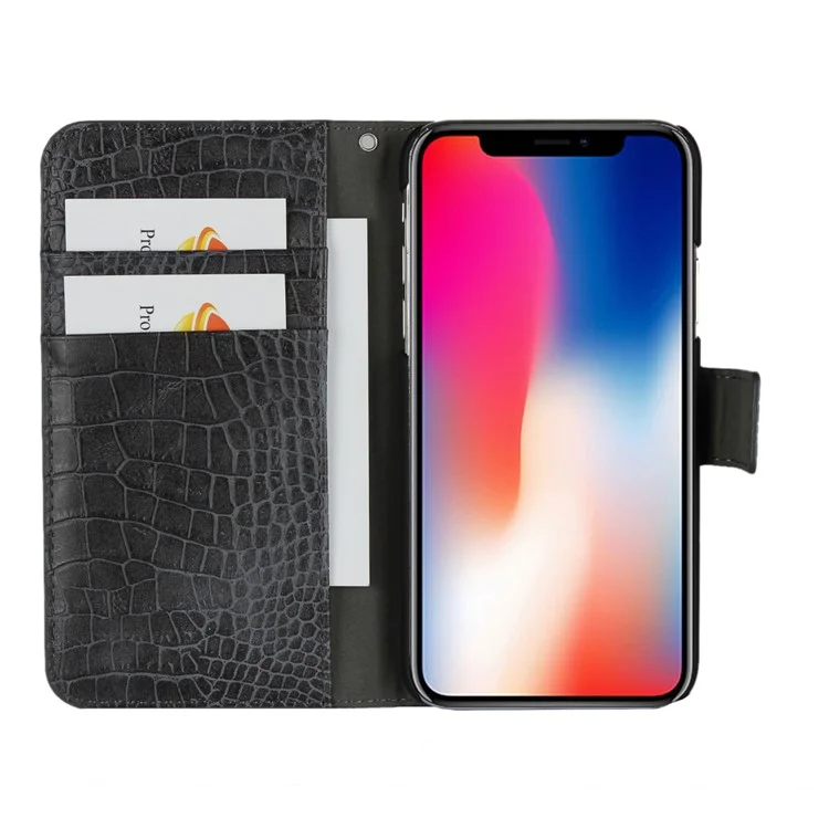 Crocodile Texture PU Leather Magnetic Wallet Stand Case for iPhone X - Black