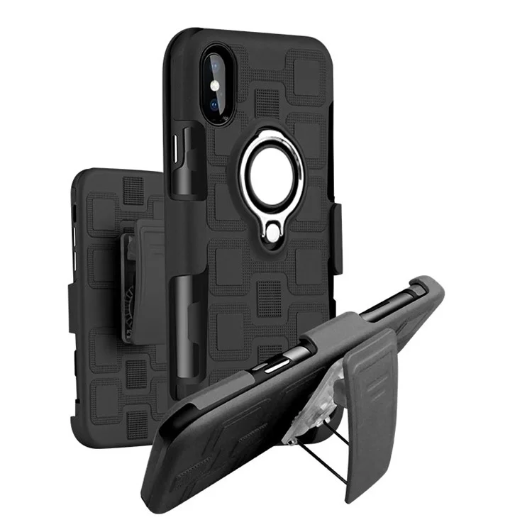For iPhone X (Ten) Geometric Pattern Magnetic Car Mount Ring Holder TPU PC Hybrid Case with Belt Clip - Black