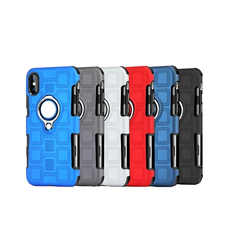 For iPhone X (Ten) Geometric Pattern Magnetic Car Mount Ring Holder TPU PC Hybrid Case with Belt Clip - Black