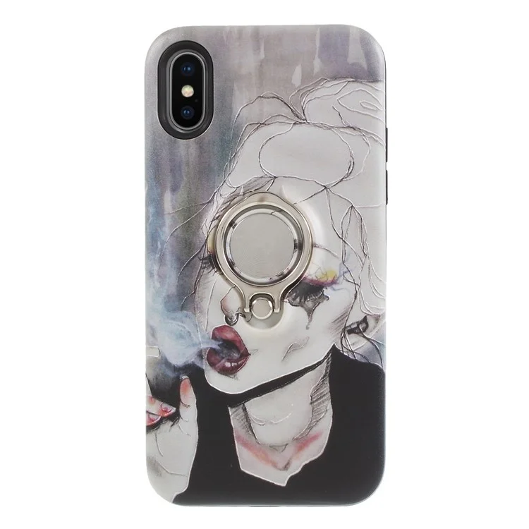 Embossment Pattern Plastic Case with 360-degree Ring Kickstand for iPhone X - Cool Smoking Girl