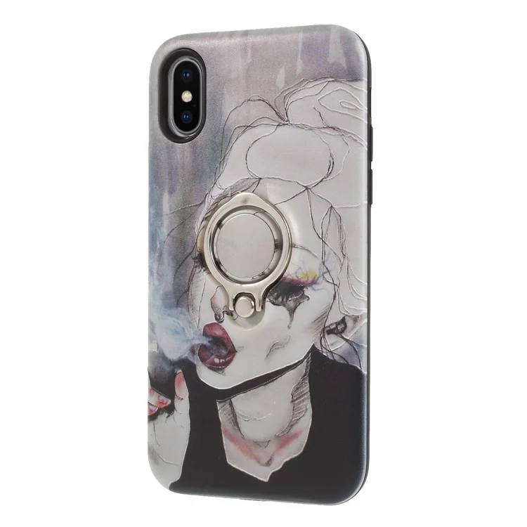 Embossment Pattern Plastic Case with 360-degree Ring Kickstand for iPhone X - Cool Smoking Girl