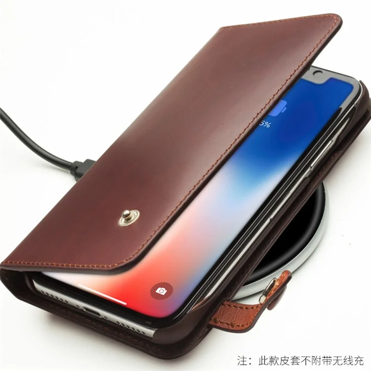 QIALINO Cartera de Estilo Empresarial de Cuero Genuino Funda para Móvil iPhone X / Xs 5.8 pulgadas - Marrón 