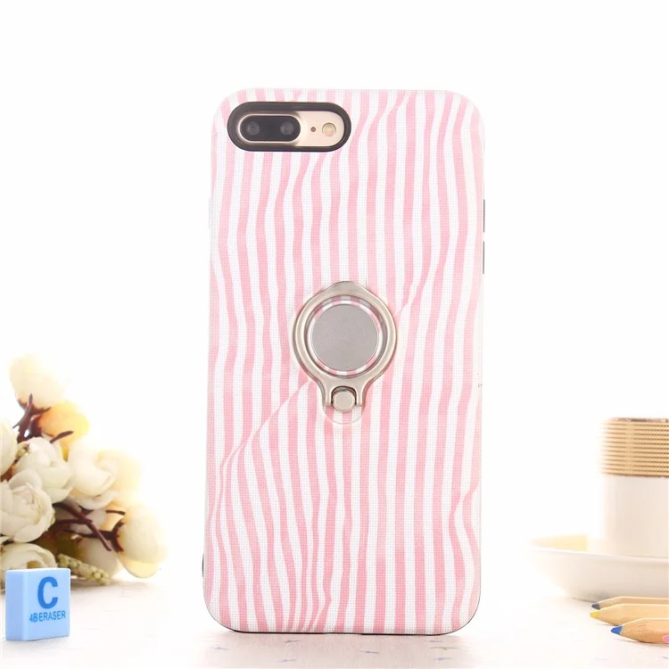 Embossed Stripes Pattern PC + TPU Hybrid Case with Kickstand for iPhone 8 Plus / 7 Plus - Pink