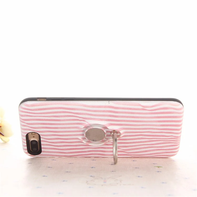 Embossed Stripes Pattern PC + TPU Hybrid Case with Kickstand for iPhone 8 Plus / 7 Plus - Pink
