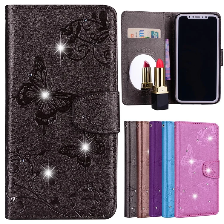 Imprinted Butterfly Flower Pattern Rhinestone Decoration Wallet Leather Case for iPhone X - Black