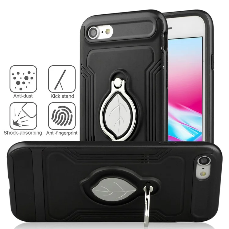 ANGIBABE Maple Leaf Magnetic Ring Holder Kickstand TPU + PC Hybrid Case for iPhone 8 / 7 4.7 inch - Black
