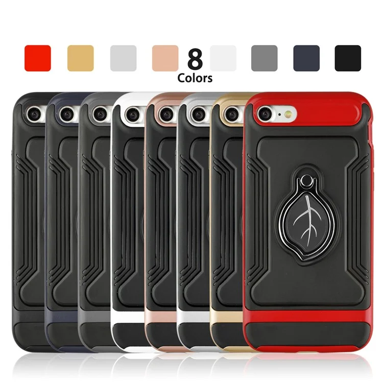 ANGIBABE Maple Leaf Magnetic Ring Holder Kickstand TPU + PC Hybrid Case for iPhone 8 / 7 4.7 inch - Black