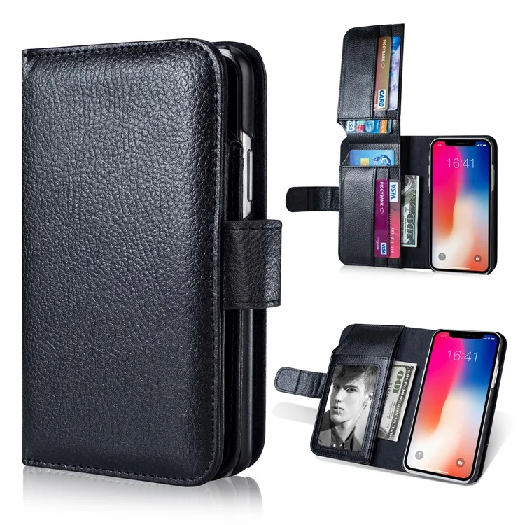Multi Card Slots PU Leather Protection Mobile Phone Case with Stand for iPhone X - Black