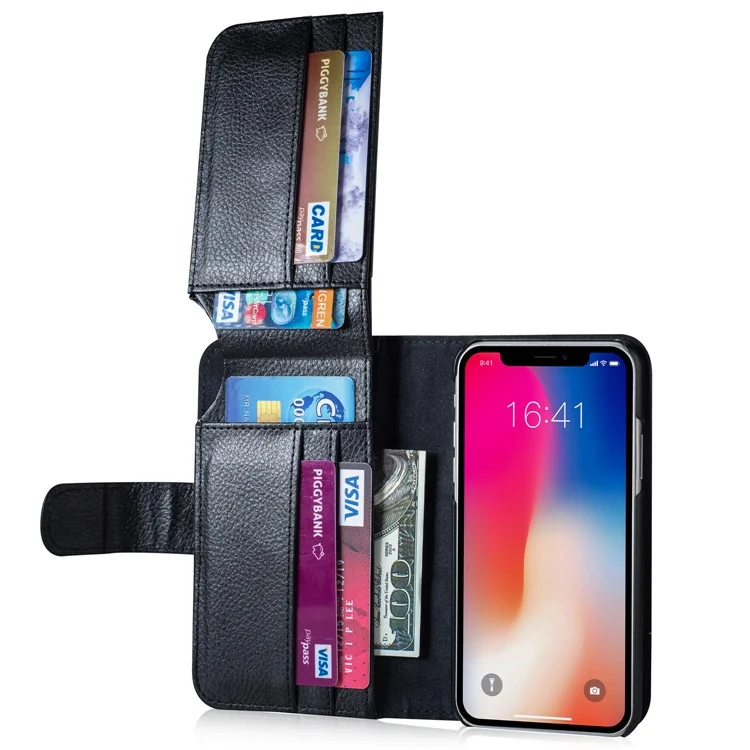 Multi Card Slots PU Leather Protection Mobile Phone Case with Stand for iPhone X - Black