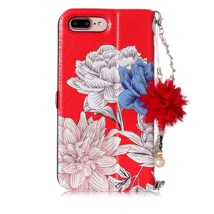 Flower Pattern PU Leather Card Holder Phone Case + Metal Chain for iPhone 8 Plus/7 Plus 5.5 inch - Forever and Always Love