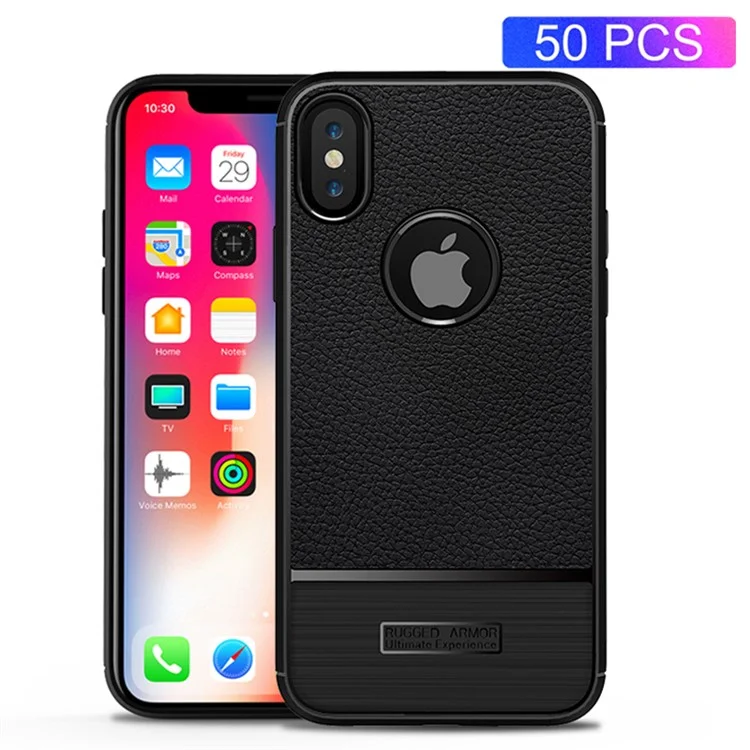 50PCS/Lot Litchi Texture and Brush TPU Case for iPhone X - Black