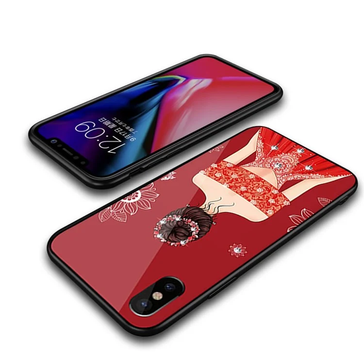 NXE Wedding Dress Pattern Rhinestone 9H Glass + PC + TPU Hybrid Case for iPhone X - Style 1