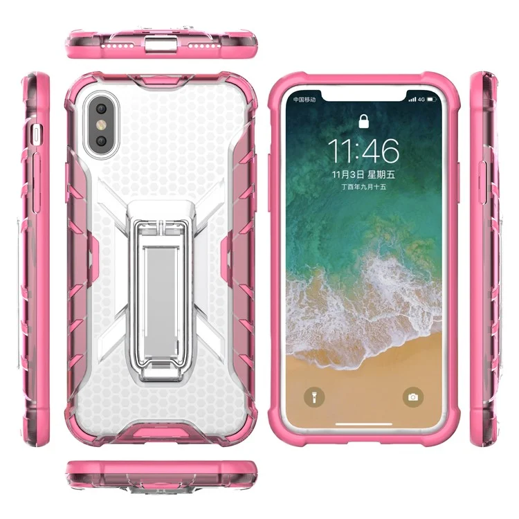 Heavy Duty Plastic + TPU Combo Phone Case with Kickstand for iPhone X - Transparent / Rose