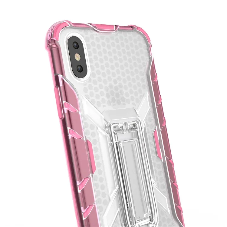 Heavy Duty Plastic + TPU Combo Phone Case with Kickstand for iPhone X - Transparent / Rose