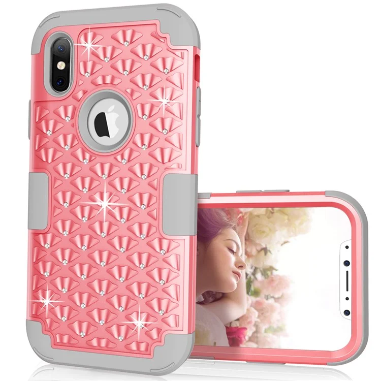 3-piece Starry Sky Rhinestone PC + Silicone Hybrid Case for iPhone X - Pink