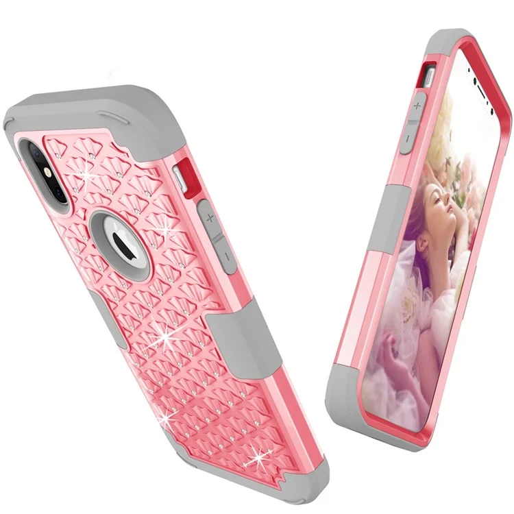 3-piece Starry Sky Rhinestone PC + Silicone Hybrid Case for iPhone X - Pink